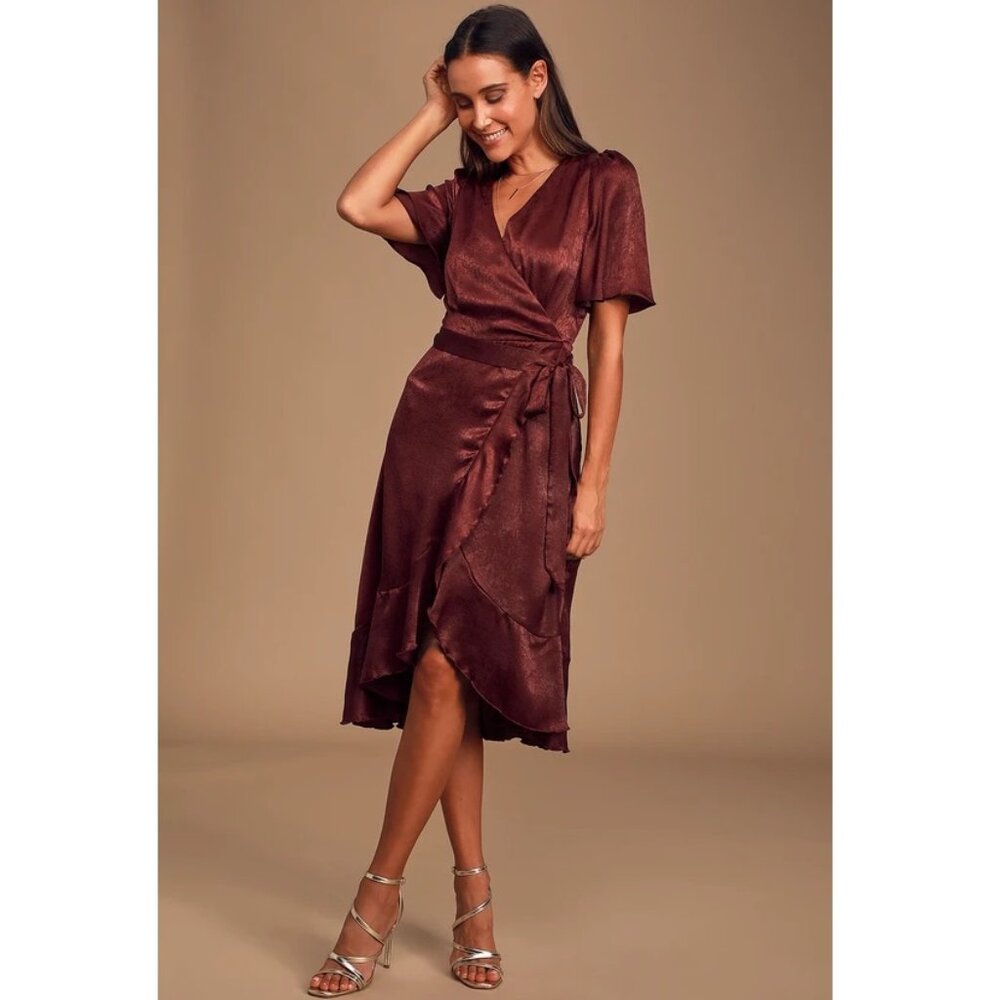 Wrapped Up In Love Burgundy Satin Faux-Wrap Midi Dress - NWT - Size Small